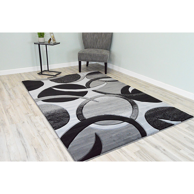 Tapis gris / noir à motif abstrait Mccampbell, Rectangle 7 pi 9 po x 10 pi 8 po