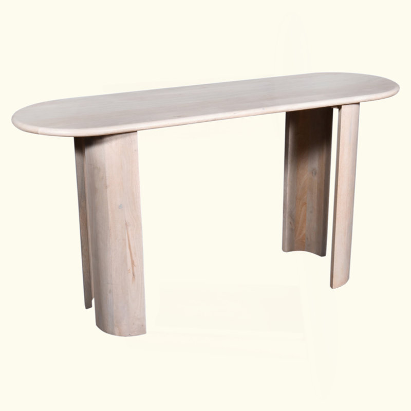 Console de salon ovale en bois massif, console moderne au fini chêne blanc