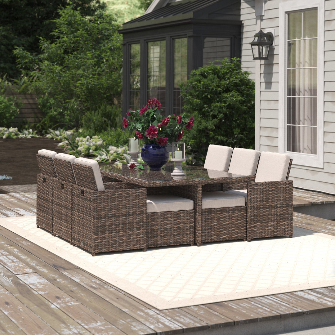 Guynn 10 - Person Wicker Patio Dining Set with Rectangular Table , Cushions Included Three Posts™ Frame Color / Cushion 