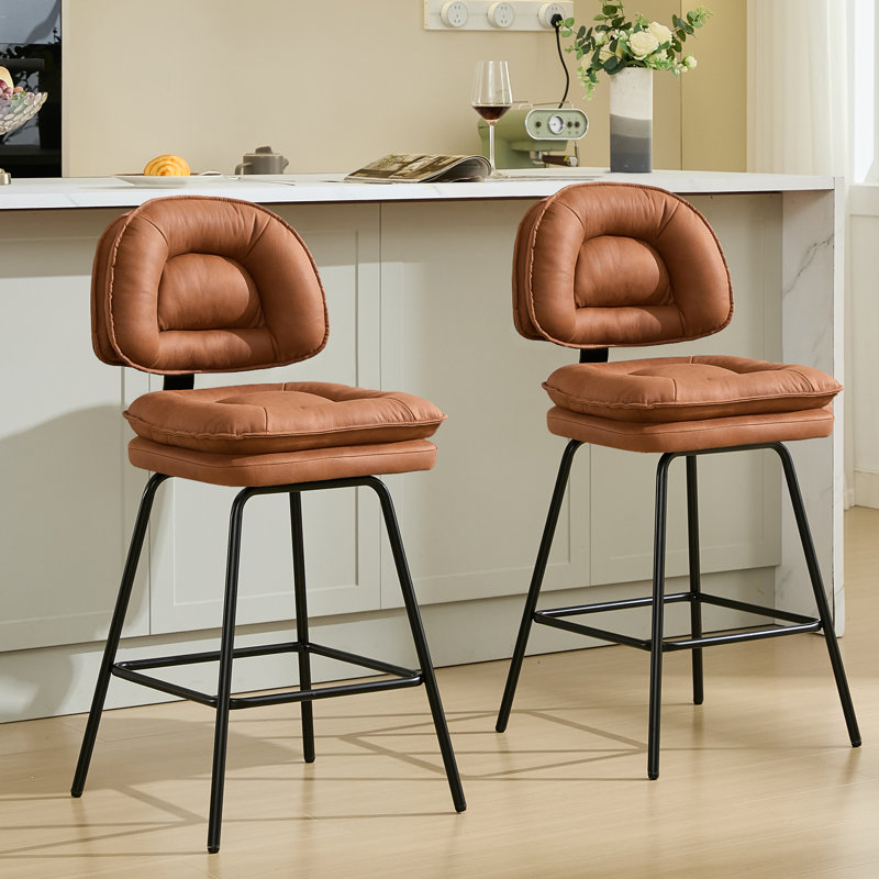 Swivel Kitchen Counter Stool with Black Metal Frame & Brown Faux Leather (Set Of 2), Brown