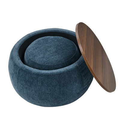 Round Storage Ottoman, 2 in 1 Function, Work as End table and Ottoman,with small seat,Dark blue(25"x25"x14.7")