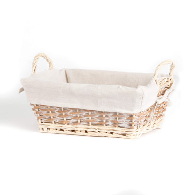 RECTANGULAR WHITEWASH BASKET EAR HANDLES AND FABRIC LINER