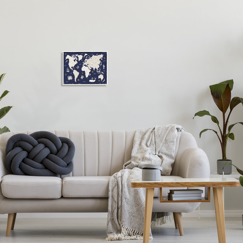 Carte du monde à motif bleu encadrée sur bois par Daphne Brissonnet, impression, H 11 po x l 14 po x P 1,5 po
