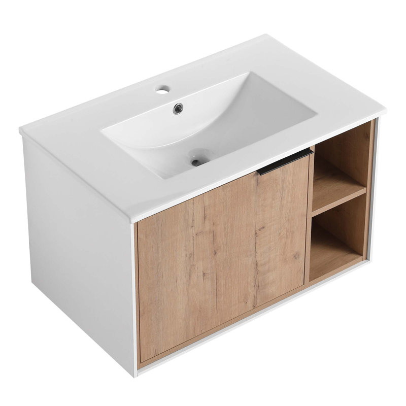 Meuble-lavabo mural flottant moderne avec lavabo en céramique et porte d'armoire à fermeture en douceur