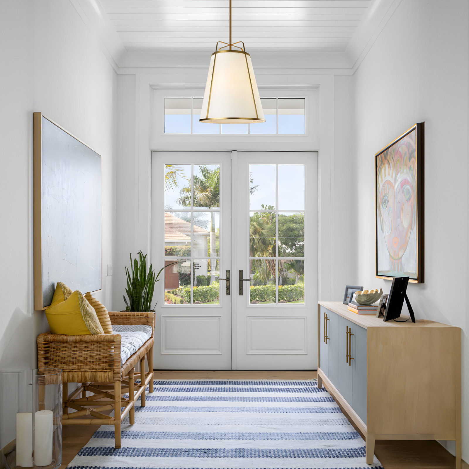 3 - Light Dimmable Tapered Pendant With Linen Shade, Gold, White