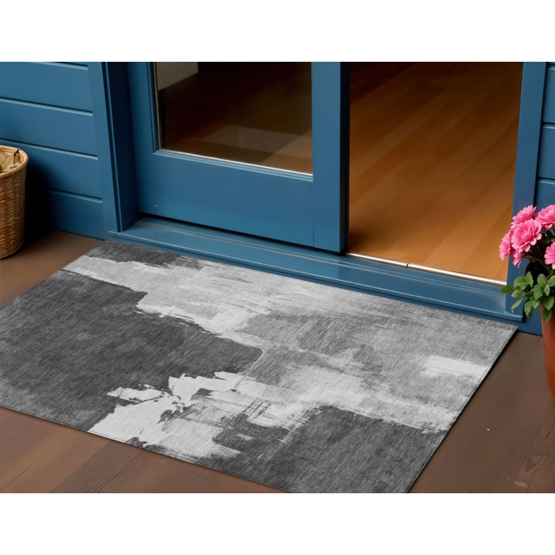 3' X 5' Gray And Smoky Black Abstract Washable Indoor Outdoor Area Rug