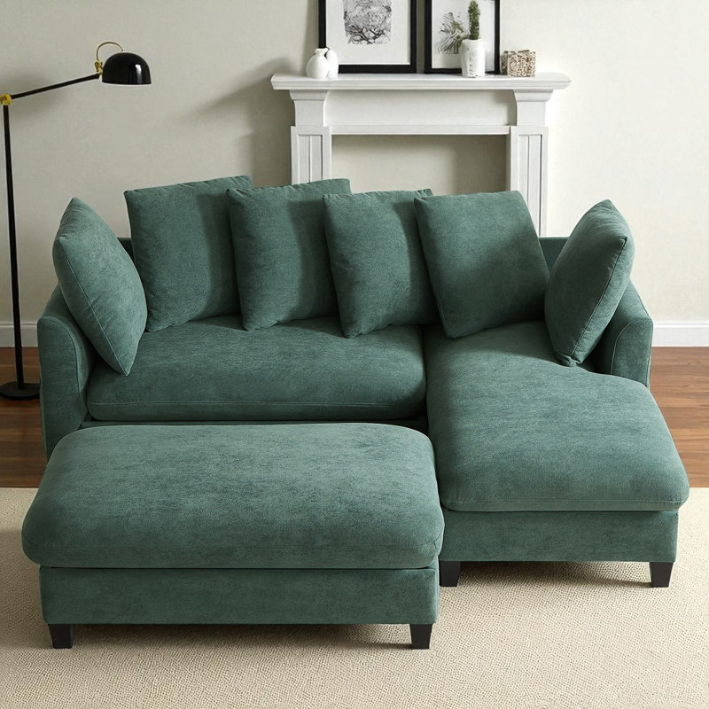 Canapé modulaire rembourré en L avec repose-pieds mobile, Chenille verte
