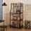 Kitchen Bakers Rack, Microwave Oven Stand With Large Wire Basket, Industrial Coffee Bar Station, 4-Tier Kitchen Utility Storage Shelf With 8 Hooks For Spice, Pots Organizer, Rustic Brown