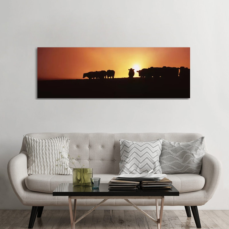 Silhouette Of Cows At Sunset, Point Reyes National Seashore, California, USA - Wrapped Canvas Panoramic Print