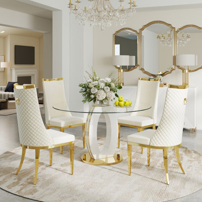 Round Tempered Glass Dining Table Set, Luxury Dining Table with High Backrest Dining Chair for Dining Room