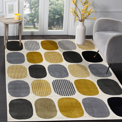 Tapis luxueux, crème et jaune, 6,6 x 9,5 pieds | 100% polypropylène, 2,3 lb / pi2, hauteur des poils: 0,4 po | Antibactérien, aspirateur | Parfait pour le salon, la chambre à coucher et la décoration intérieure élégante