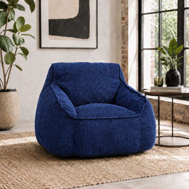 Giant Corduroy Bean Bag Lounge Chair with Armrests Oversized Comfy Lazy Sofa for Adults with Filler Included, Blue