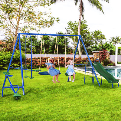 Backyard 5 In 1 Swing 616 Lbs - Heavy Duty With Slide, Seesaw, Disc Swing, Glider, Seat Blue Convey Outdoor Saucer Two