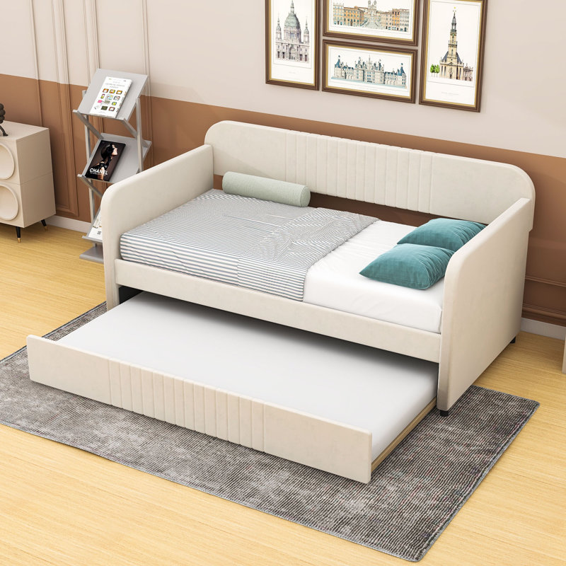 Twin Size Upholstered Daybed With Twin Size Trundle, Beige