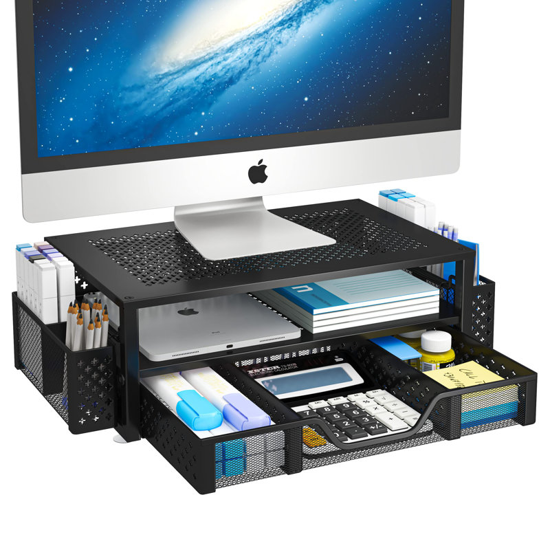 2 Tier Metal Monitor Stand Monitor Riser And Computer Desk Organizer With Drawer And Pen Holder For Laptop