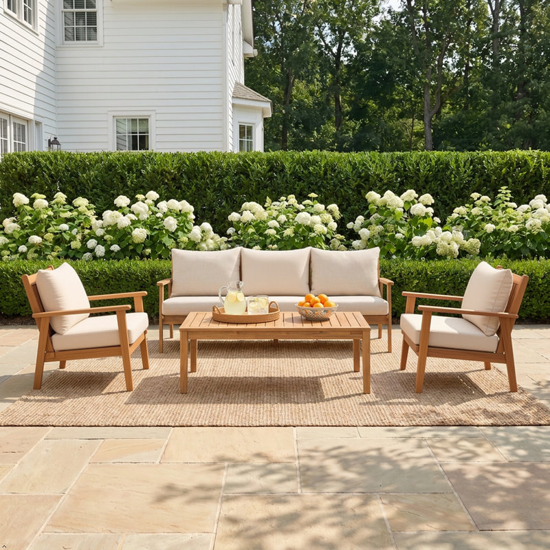 Weslyn 5-Person Solid Wood Patio Conversation Set, 4 Pcs: 2 chairs, 51'W coffee table, and sofa.