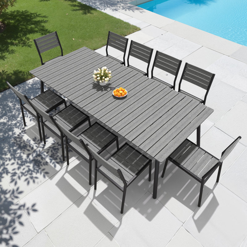10-Person Aluminum Outdoor Dining Set With Umbrella Hole And Stackable Chairs, Gray