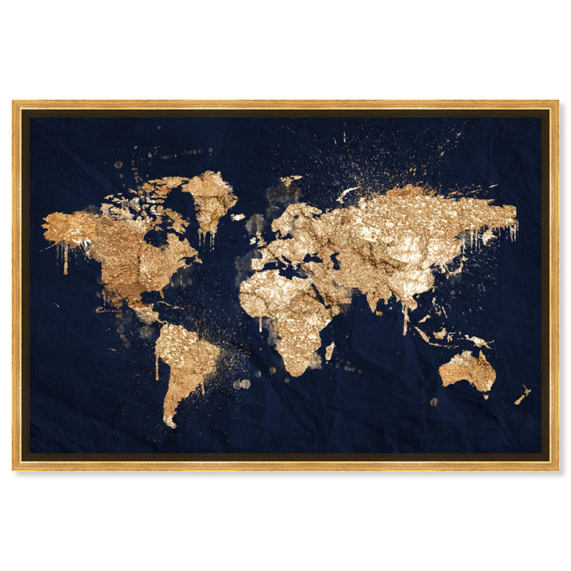 Mapamundi Metallic World Splash Modern - cadre photo, impression, Toile avec cadre doré, H 31,5 po x l 46,5 po x P 1,75 po