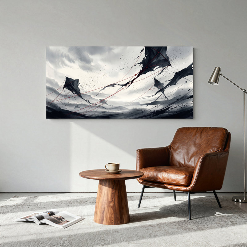 Ensemble de 1 tableau abstrait sur toile représentant des cerfs-volants, L 40 po x H 20 po, Toile tendue
