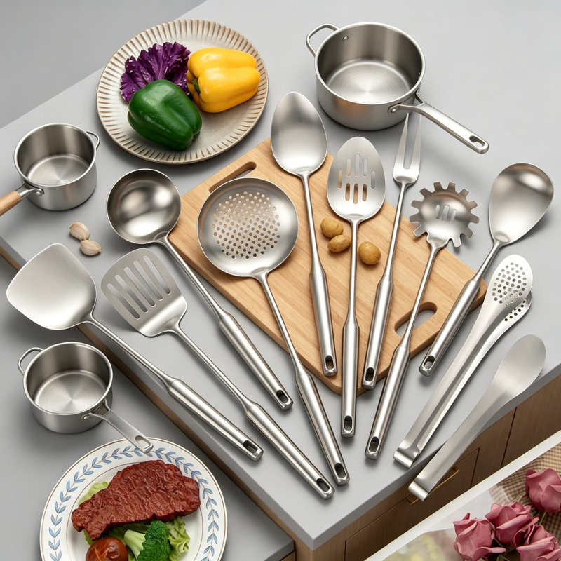 Ensemble d'ustensiles de cuisine 11 pièces en acier inoxydable - Outils de cuisine avec spatule, louche, cuillères, pinces