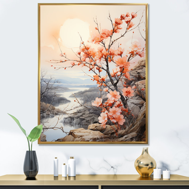 Tranquillité, pêche, paix, paysage, Cadre flottant doré, H 32 po x l 24 po x P 1 po