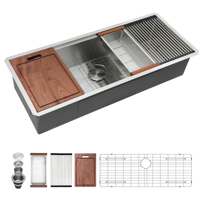 45'' L x 19'' W Undermount Workstation Stainless Steel Single Bowl Kitchen Sink with Sink Grid, Cutting Board, Roll-up Rack, Colander and Strainer