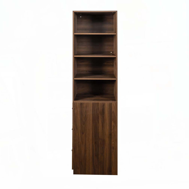 Vitrine, étagère à 4 niveaux, 3 tiroirs latéraux, Noyer