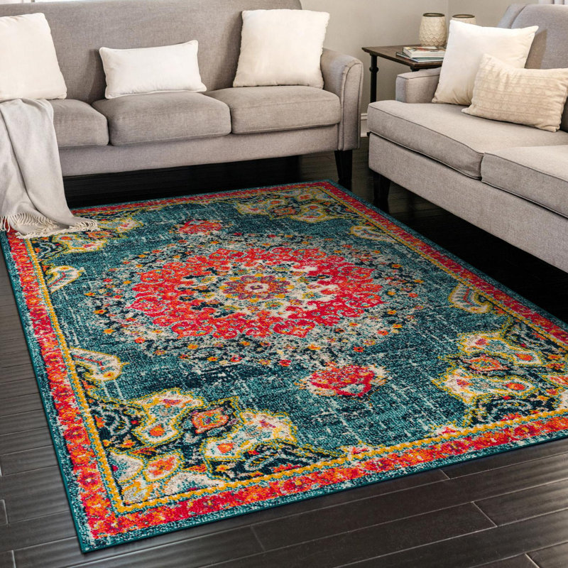 Tapis oriental Galyean, Turquoise, Tapis de couloir 2 pi 7 po x 12 pi