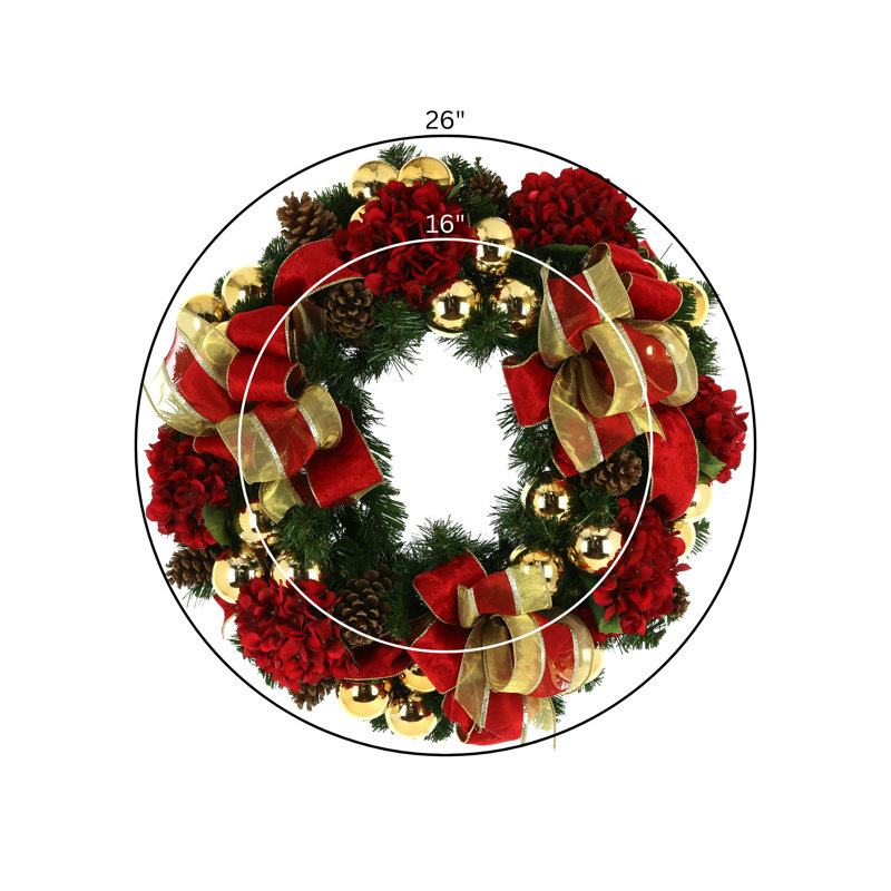 26" Holiday Wreath With Hydrangeas, Ornaments And Bows