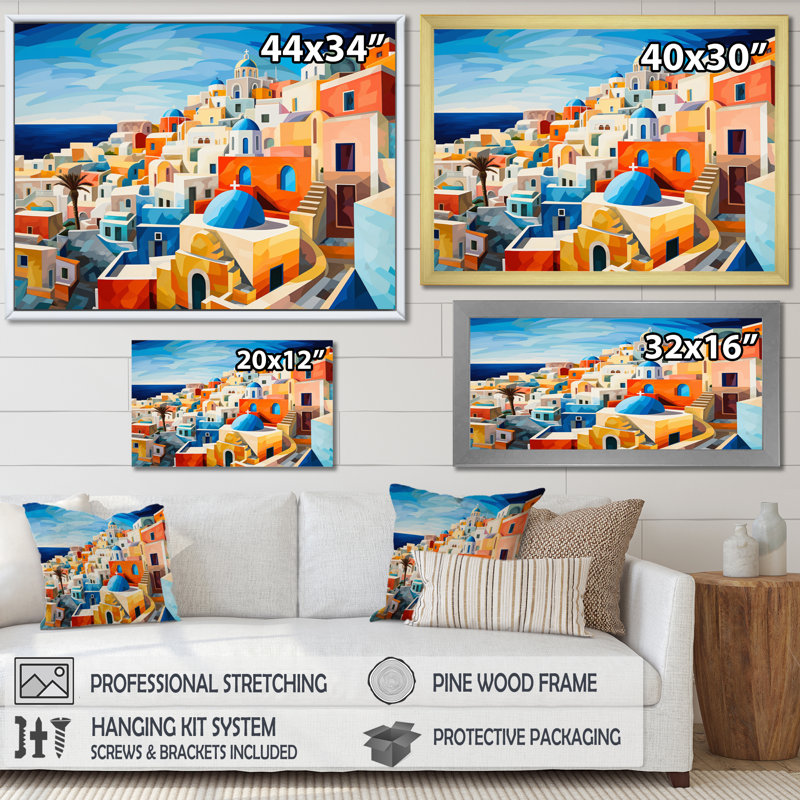 «Colorful Colorful Santorini Cityscape Popart VII», reproduction sur toile, H 12 po x l 20 po x P 1 po, Cadre flottant blanc