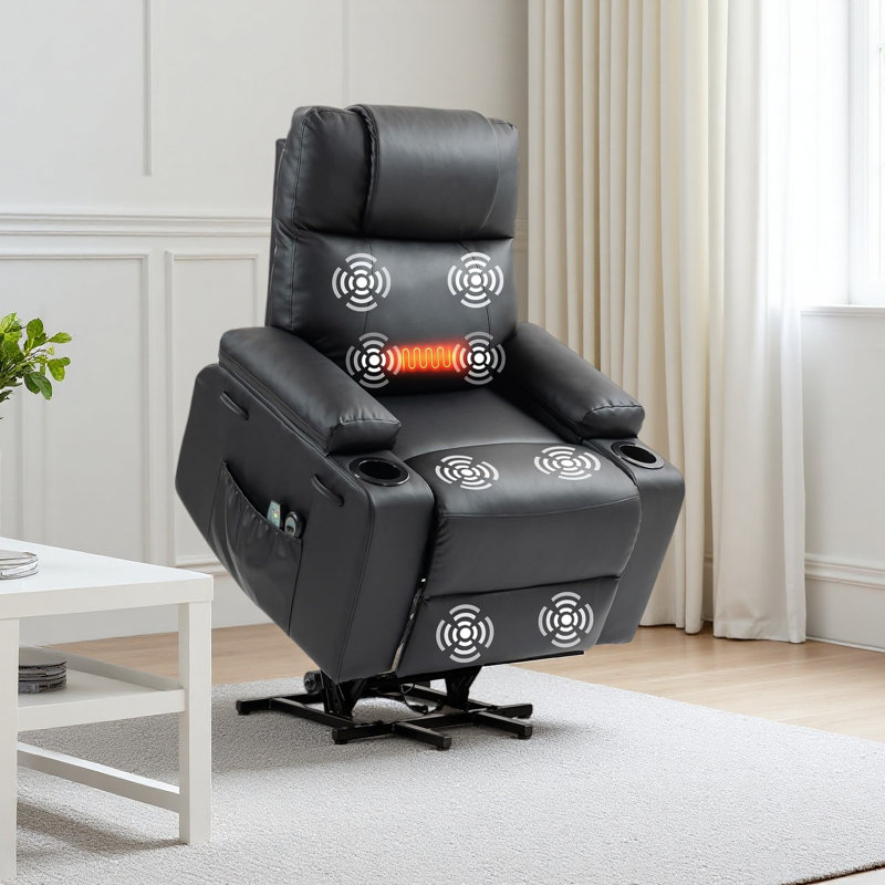 Power Lift Recliner Chair For Elderly With Massage & Heat, Pu Leather Electric Recliner With 160° Adjustable Recline, Black