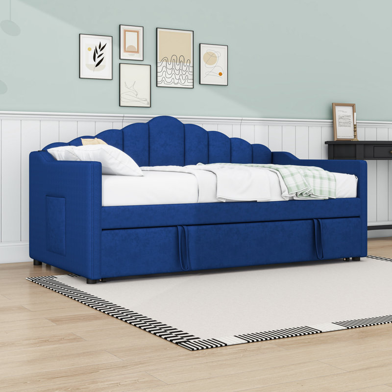 Lit de jour simple rembourré avec lit gigogne escamotable simple, ports USB et Type-C et poches, Bleu