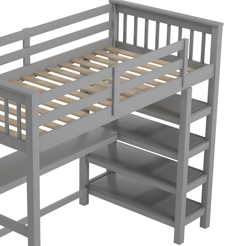 Lit mezzanine en bois massif avec tablettes Gerlean par Harriet Bee, Simple, Gris