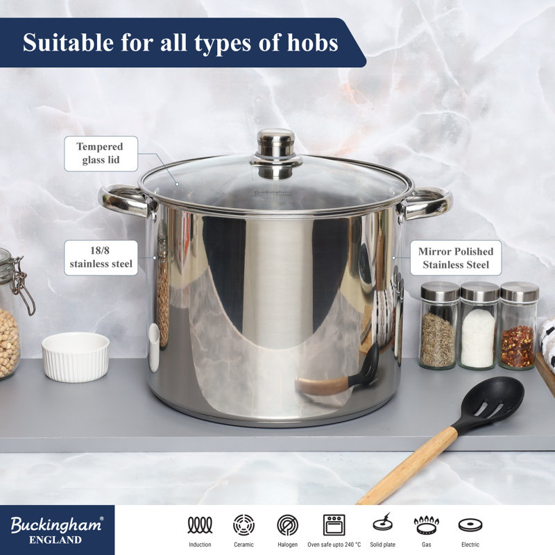 Buckingham Deep Induction Stainless Steel Stock Pot with Glass Lid, 13.5 L