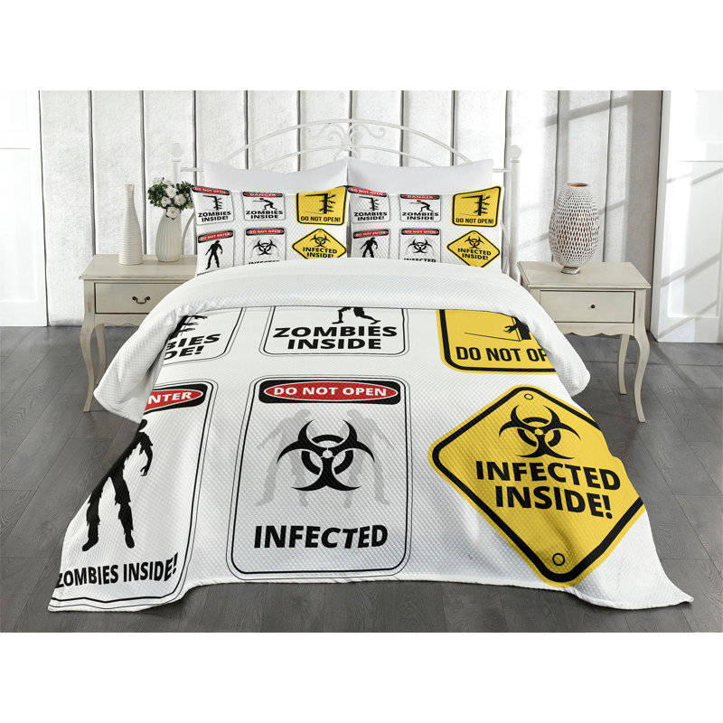 Ambesonne Zombie Bedspread Set Warning Signs Evil Multicolor, King Bedspread + 2 Standard Shams