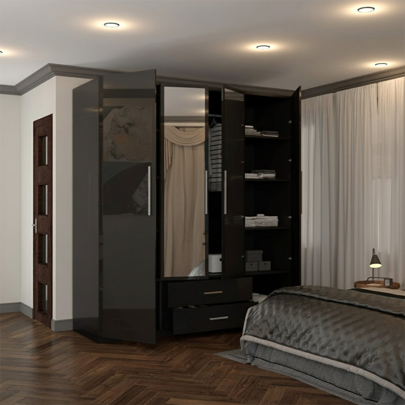 Modern 4 Door High Gloss Wardrobe with Mirror, Storage, Drawers, Shelves & Hanging Rails, White/Black/Grey | Bedroom Cupboard