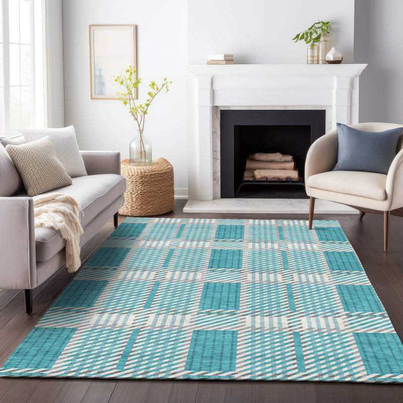 Teal Rectangular Synthetic Washable Area Rug 46" x 30"