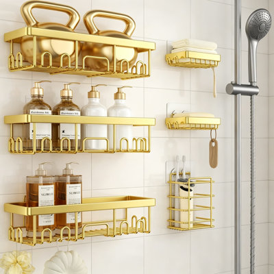 Adhesive Shower Caddy 6-Pack, Heavy Duty Wall Mounted Bathroom Shelves with Soap Dish and Toothbrush Holder, Rustproof Upgrade for Master Bathroom Organization