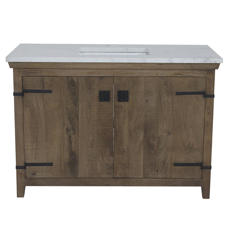 Meuble-lavabo simple 48 po à deux portes avec finition en bois naturel et plateau en marbre blanc, Brun bois naturel
