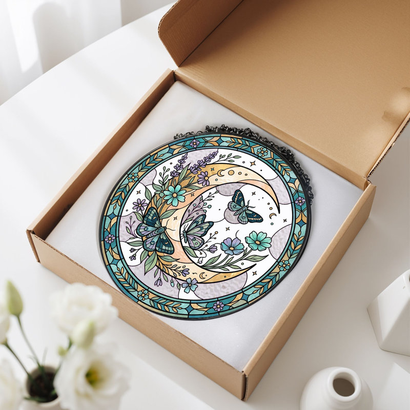 Vitrail de lune vitrail papillons ， 7,8H, H 7,8 po