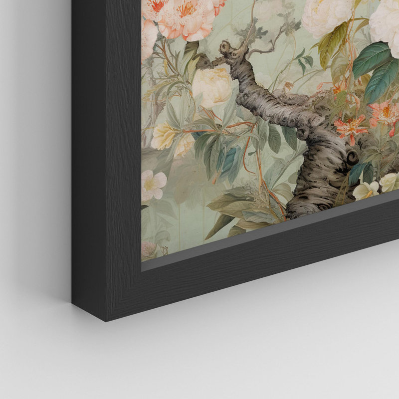 Birds On Flower Blossom Branches Vibrant Colorful Pictures Framed Wall Art 4 Pieces Paper Print, 14" H x 11" W, Black