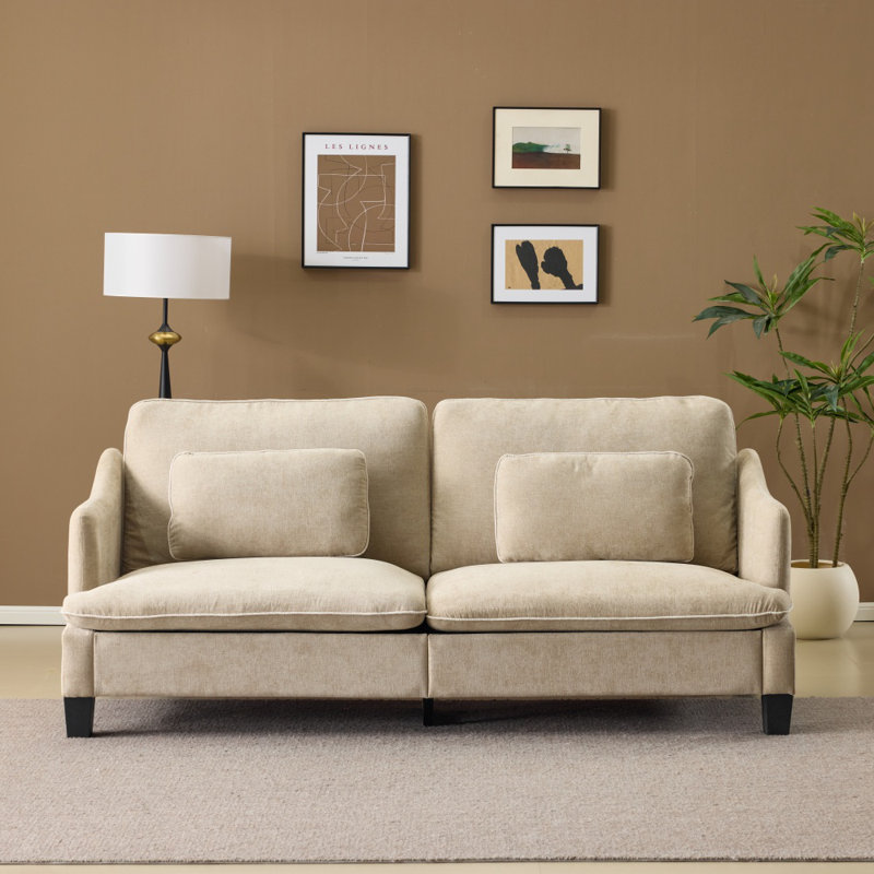  83.86"W Linen Blend Piped T-Cushions 2-Seat Loveseat Sofa, Khaki