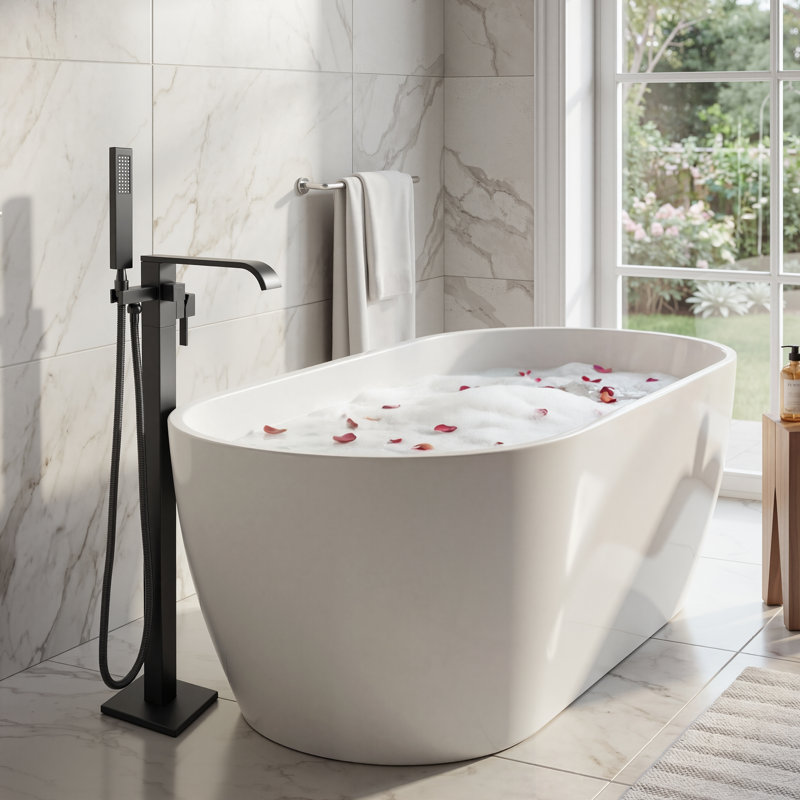 Robinet de baignoire autoportant, robinet de baignoire autoportant à haut débit avec bec cascade et douche à main, robinet de baignoire pivotant à 360 °, corps en laiton
