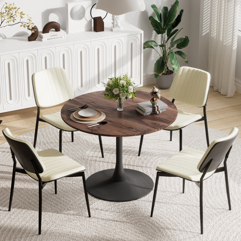 5 Piece Set-Pedestal Dining Room Table and 4 Chairs, Brown, Black, Gray