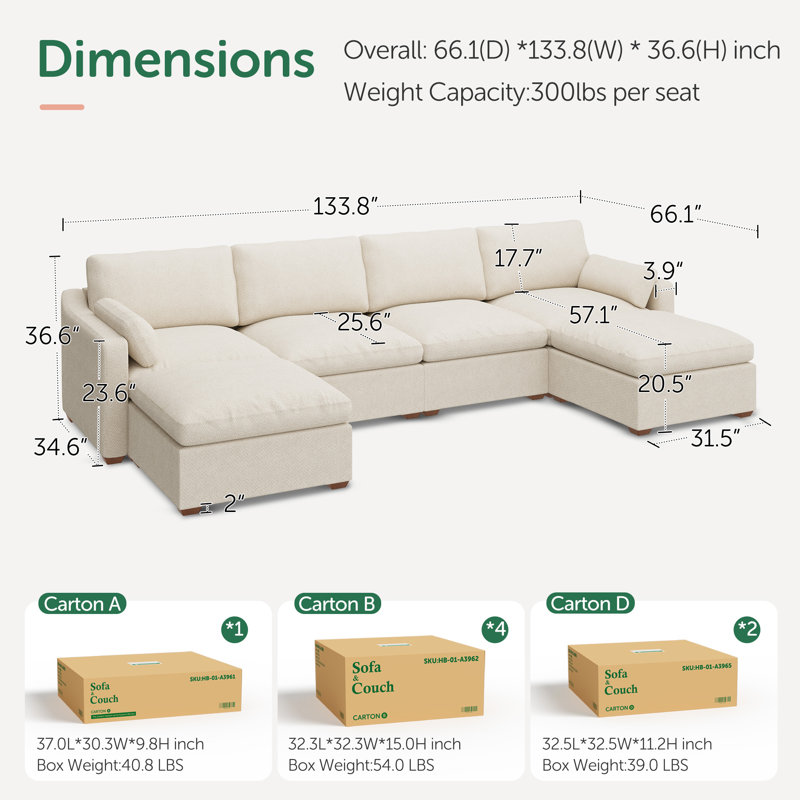 Abramson Upholstered U-Shaped Chenille Sectional Cloud Sofa, White Chenille