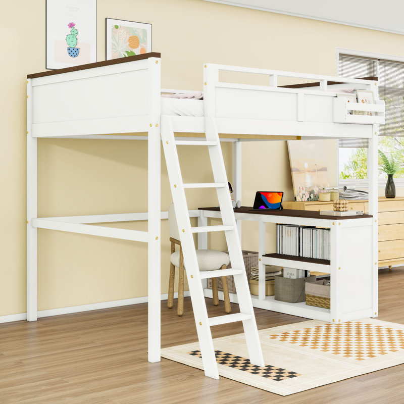 Queen Size Loft Bed With Desk, Storage Shelves, And Safety Guardrail