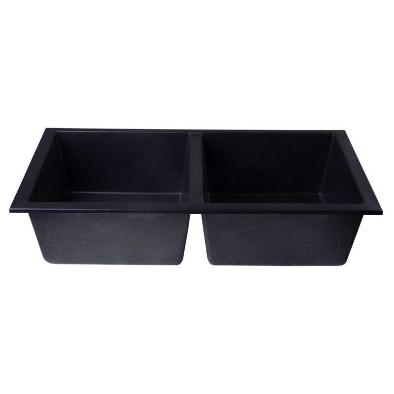 34'' L Double Bowl Granite Kitchen Sink, Black