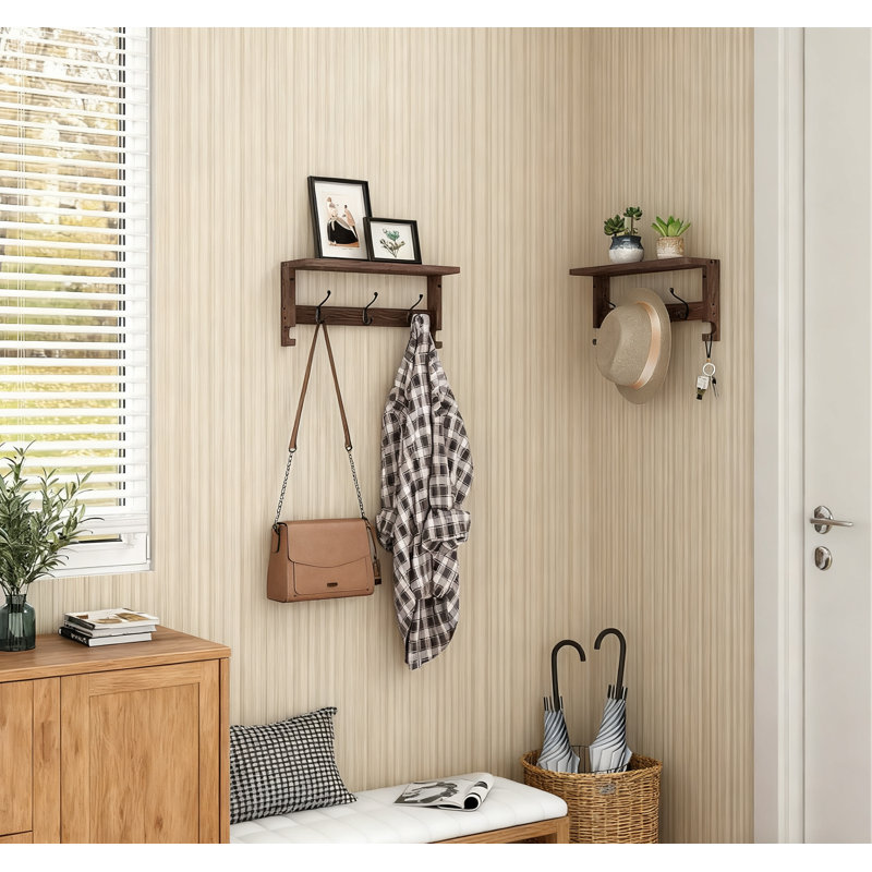 Portemanteau mural avec tablette, organisateur de hall d'entrée à 10 crochets, solution de rangement suspendue en bois massif pour la maison et le bureau