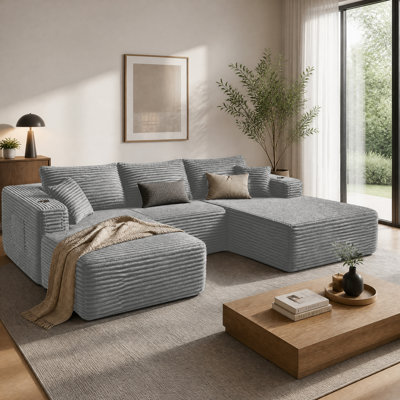 Hornbeck 108" Right Hand Facing Corner Sectional With Chaise And Ottoman Corduroy Upholstered Compression L-Shaped Sofa