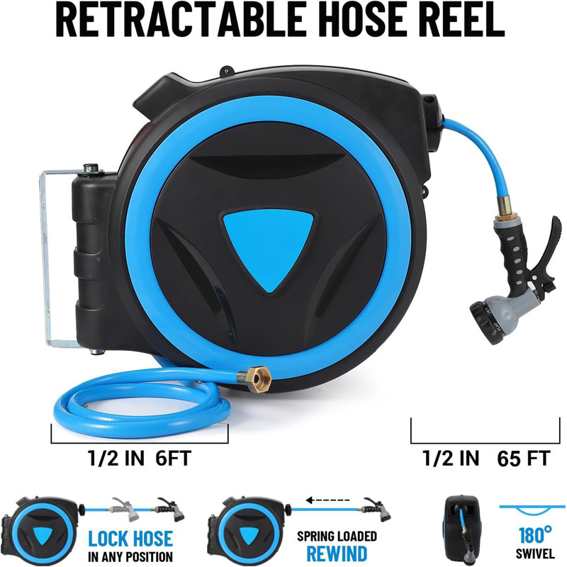 Retractable Garden Plastic Hose Reel, 1.3cm H x 165.1cm L x 165.1cm W
